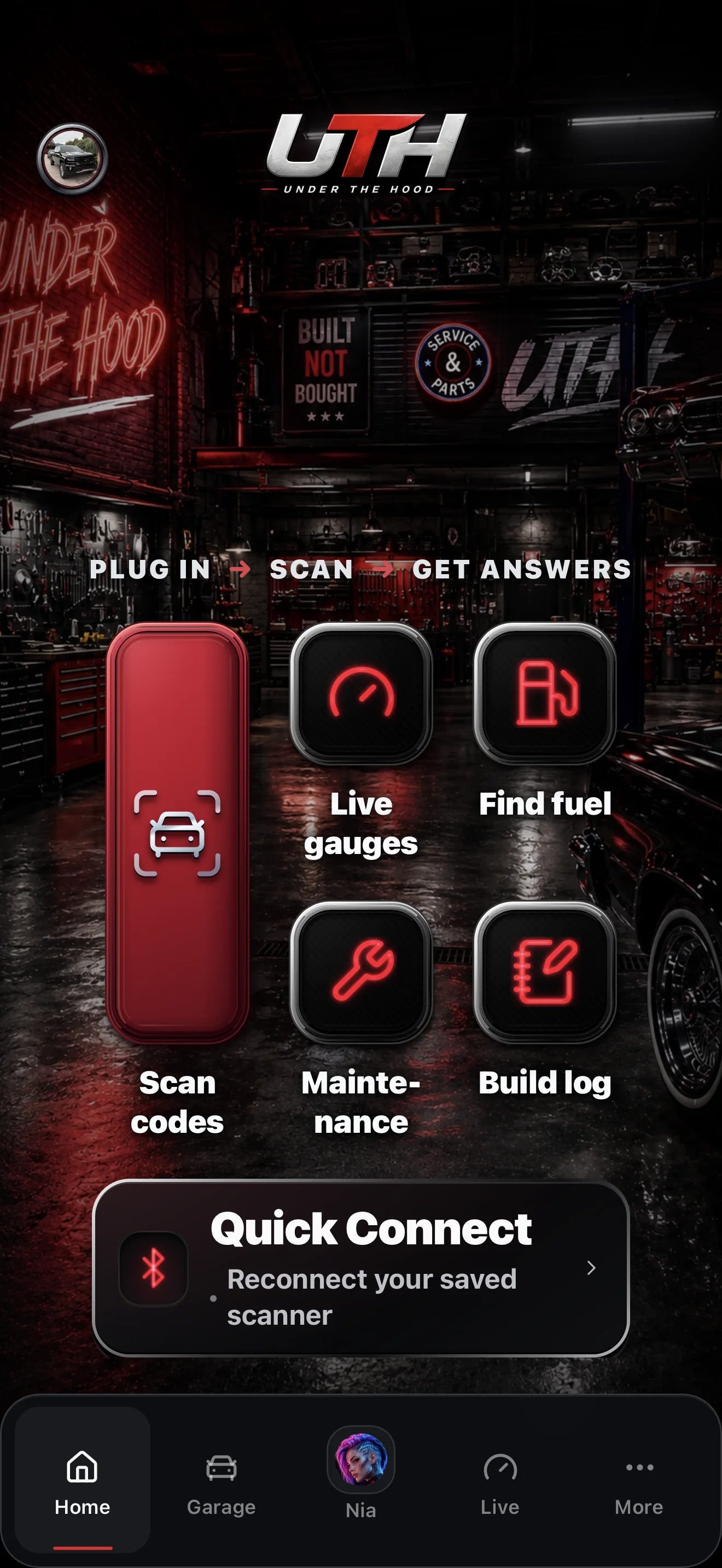 UTH Scanner Companion home screen showing scan codes, live gauges, maintenance, Quick Connect, and Nia