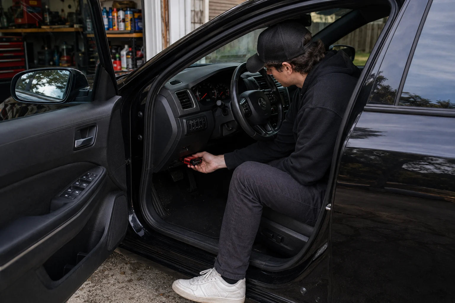 Person plugging the UTH Scanner into a vehicle's OBD-II port
